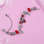 Red Crystal Mickey Minnie Beads Bracelet Silver Plated Family Charm Gift