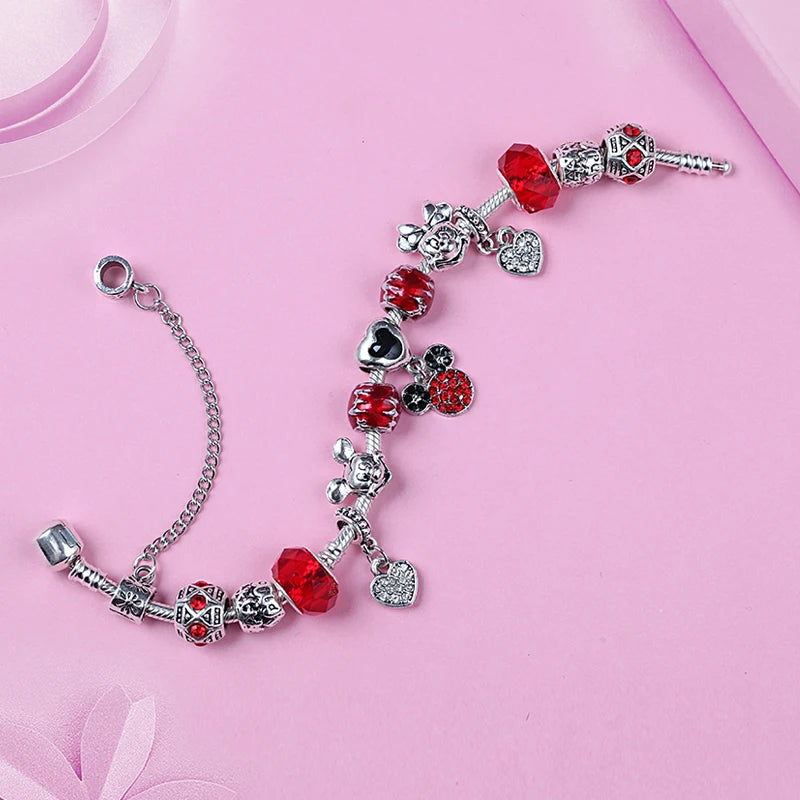Red Crystal Mickey Minnie Beads Bracelet Silver Plated Family Charm Gift