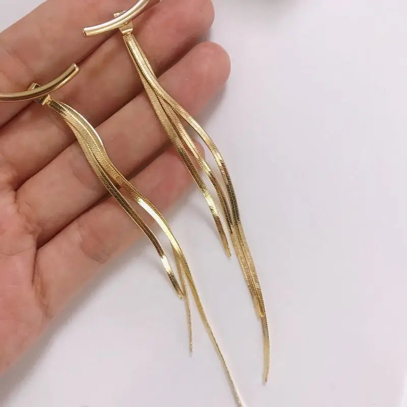 Korean Vintage Glossy Arc Bar Long Tassel Drop Earrings Gold Colour