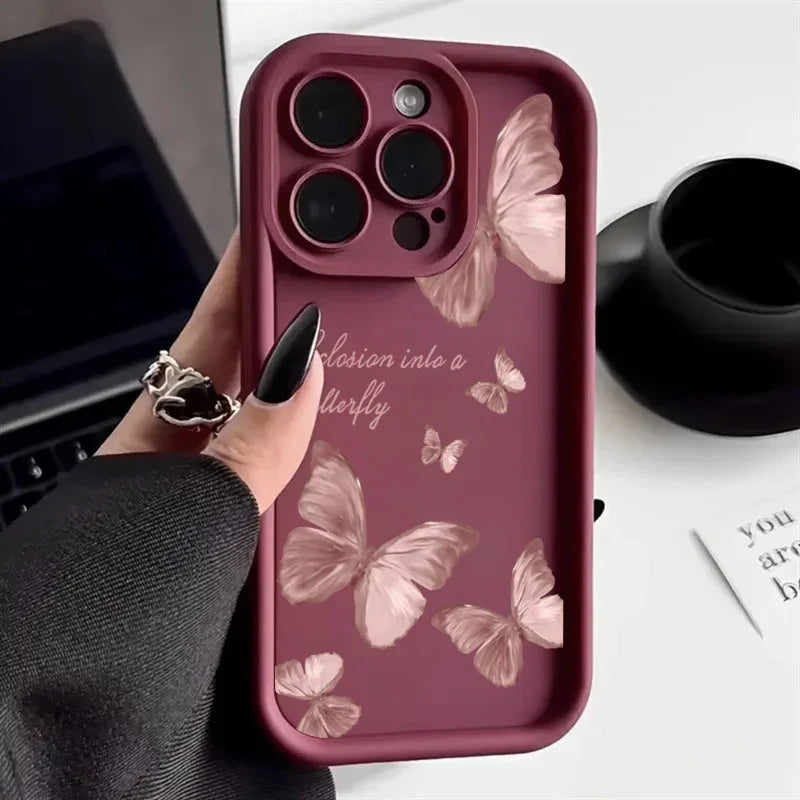 Pink Butterfly Silicone Case for iPhone 17 16 15 14 13 12 11 Pro Max Plus
