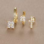 3PCS Vintage Design Four Flower Zircon Hoop Earrings Set Steel
