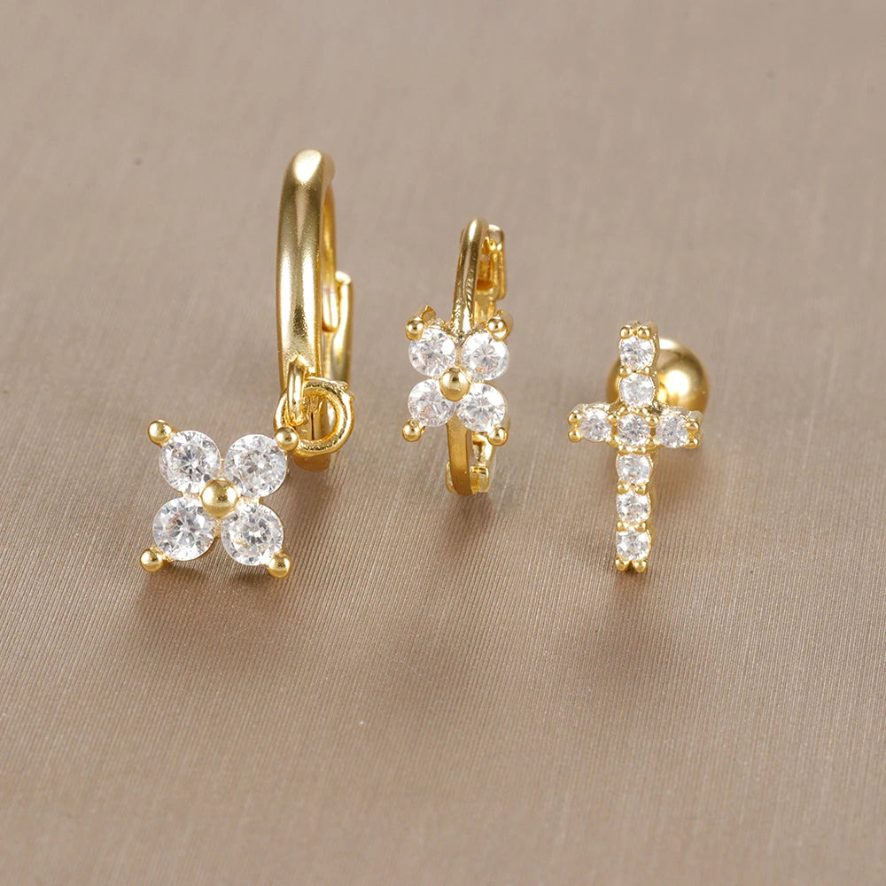 3PCS Vintage Design Four Flower Zircon Hoop Earrings Set Steel