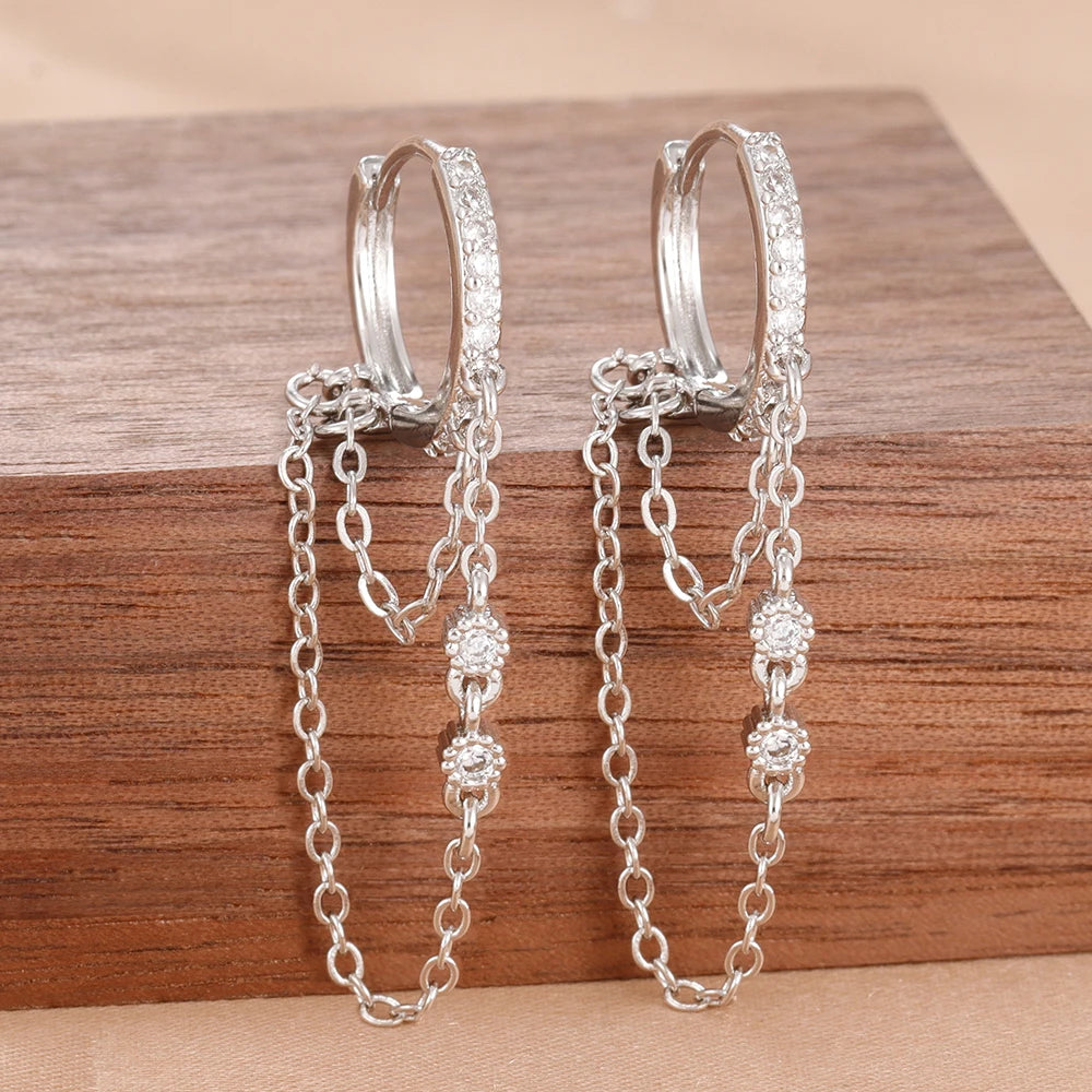 Stainless Steel Gold Colour Chain Dangle Drop Earrings Clip Earring