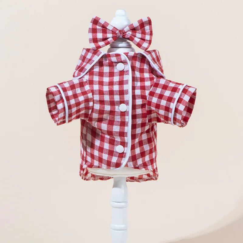 Grid Pattern Cat Dog Pajamas Set Soft Sleepsuit with Flower Headband