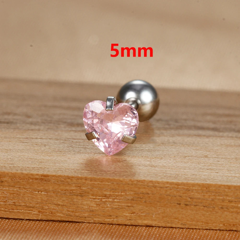1PC Simple Pink Cubic Zirconia Heart Small Stud Earrings Steel