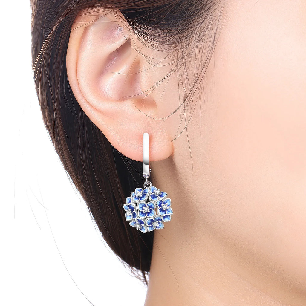 925 Sterling Silver Blue Hydrangea Flower Drop Earrings Anniversary Jewellery Gift