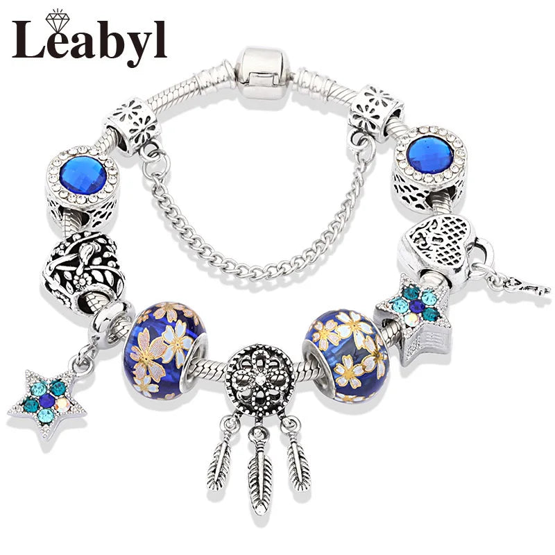 Silver Colour Tree of Life Bead Bracelet Green Leaf Crystal Charm Bangle