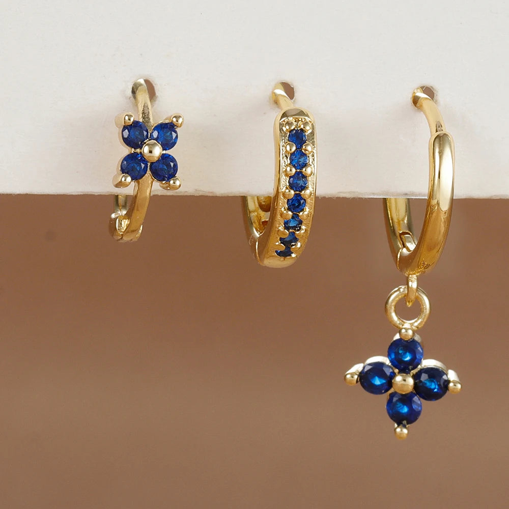 3PCS Trendy Stainless Steel Flower Drop Earring Set Zirconia Dangle