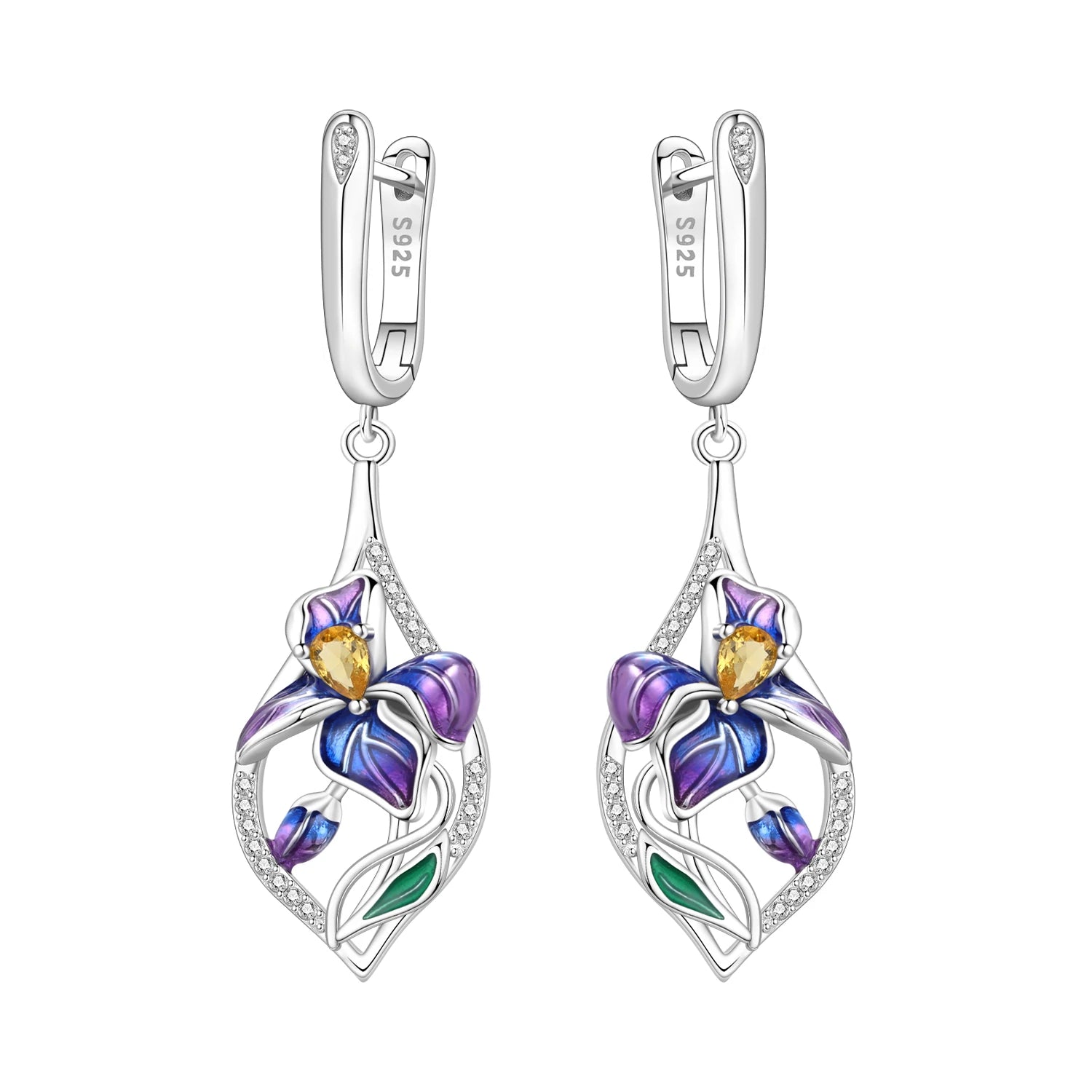 925 Sterling Silver Blue Purple Iris Flower Drop Earrings Trendy Jewellery