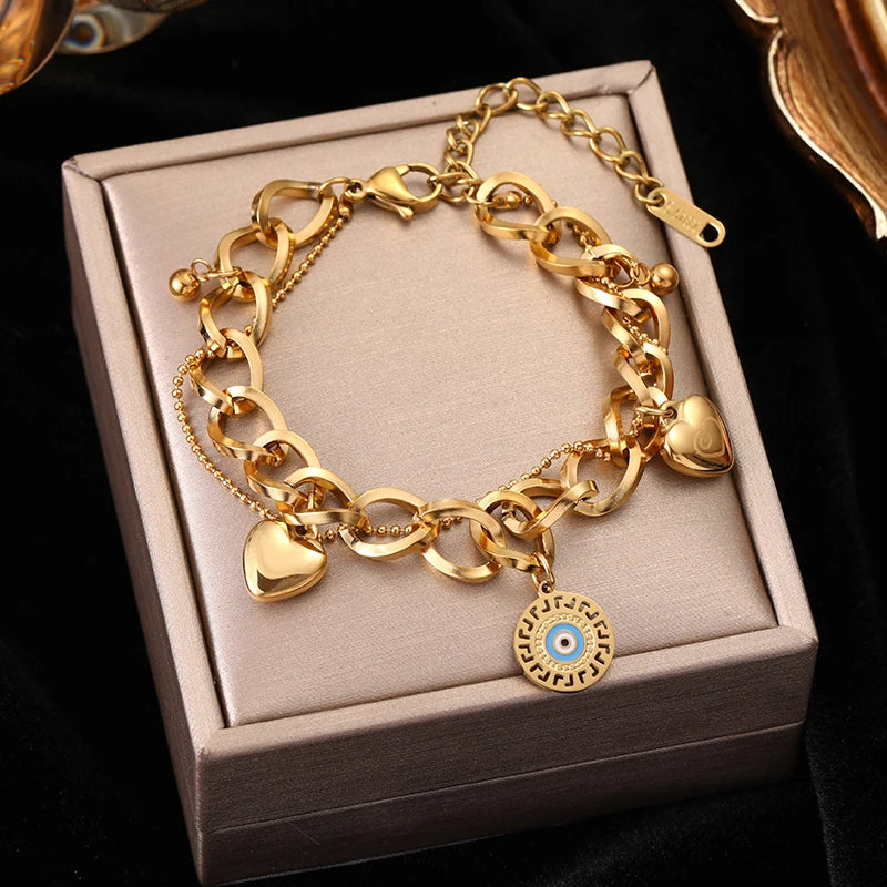 Gold Colour Multilayer Stainless Steel Charm Bracelet Men Women Bangle