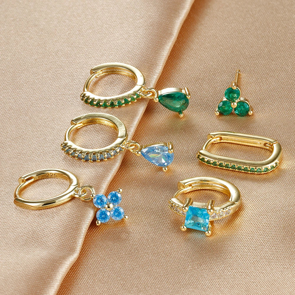 3PCS Waterdrop Shape Zircon Hoop Earrings Triangle Flower Studs