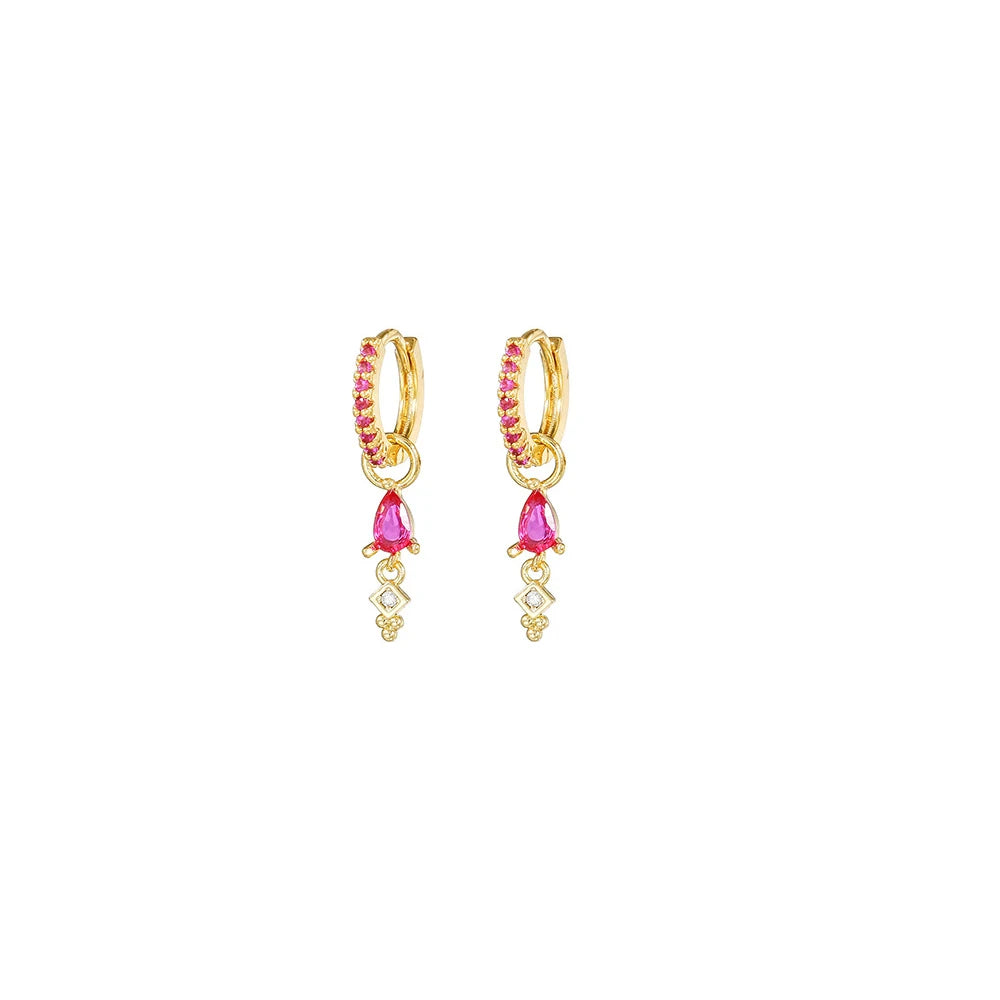 Luxury Rose Red Zircon Stainless Steel Water Drop Hoop Earring