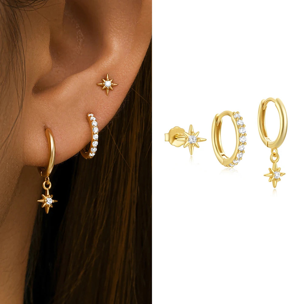 3PCS Gold Colour Star Earrings Set Zircon Pendant Stainless Steel