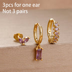 3PCS Purple Zircon Hoop Earrings for Women Stainless Steel Gold Pendant