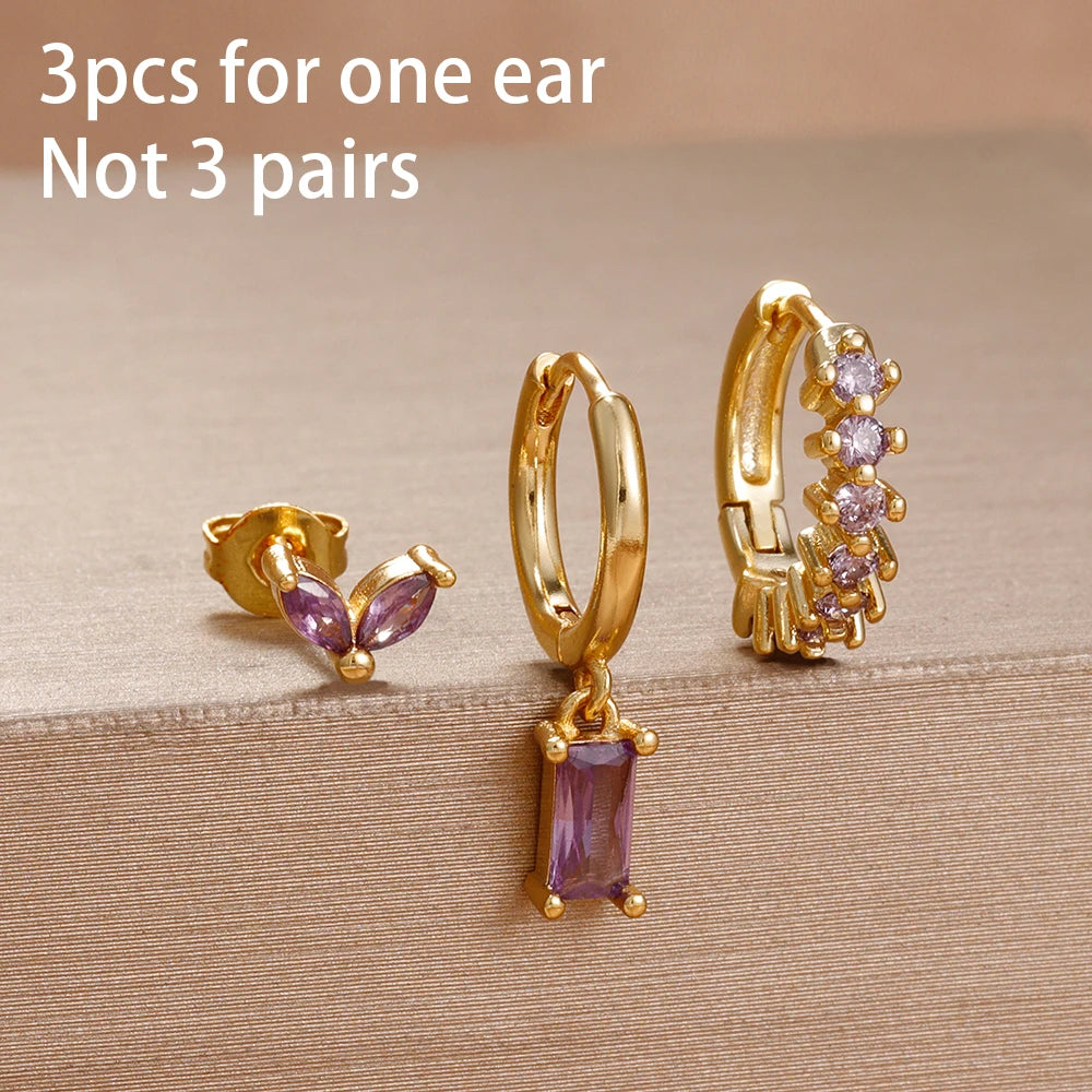 3PCS Purple Zircon Hoop Earrings for Women Stainless Steel Gold Pendant