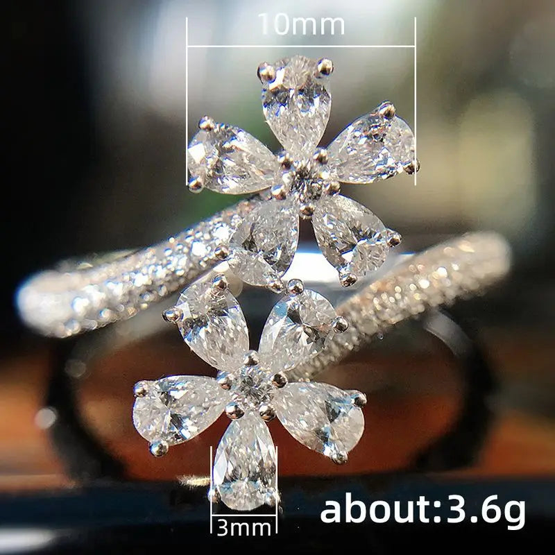 925 Sterling Silver Aesthetic Flower Adjustable Finger Ring Brilliant Zirconia Engagement Accessory