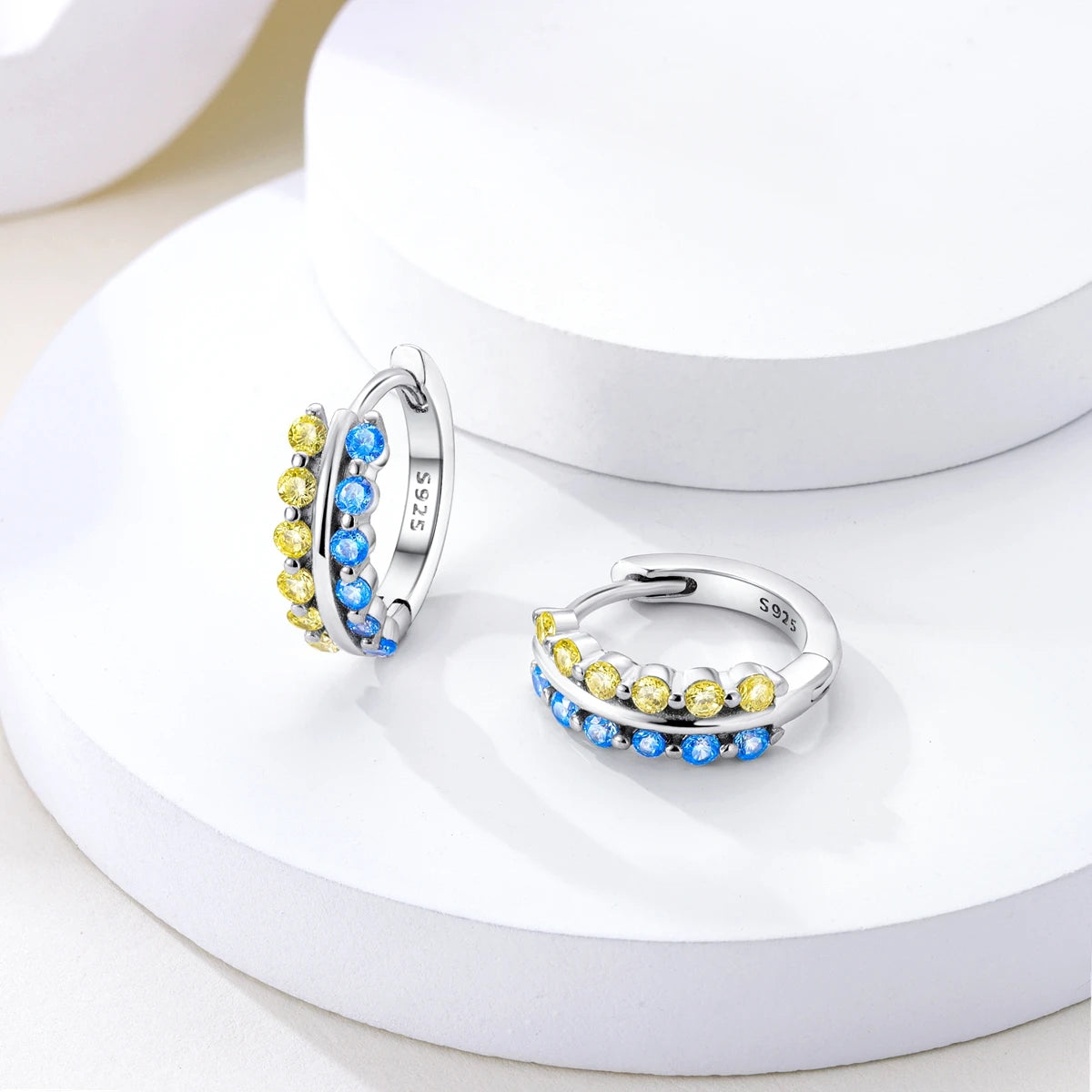925 Sterling Silver Sparkling Blue Yellow Zircon Hoop Earrings Jewellery Gift
