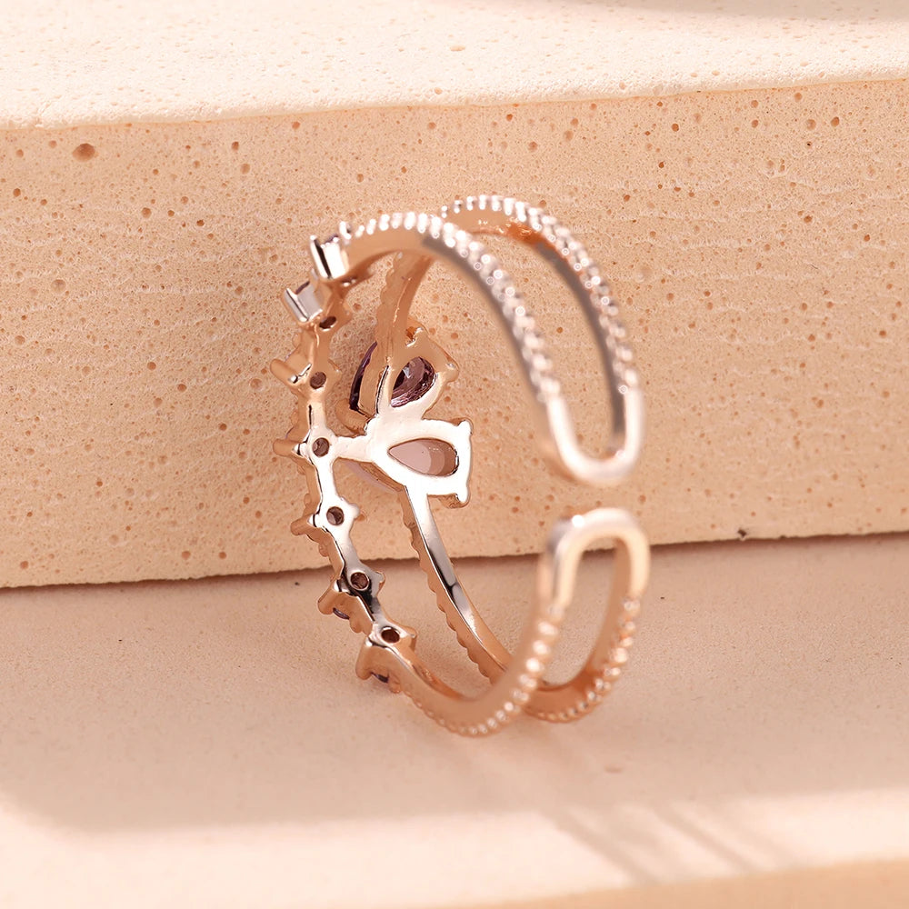 Female Delicate Small Water Drop Purple Crystal Rings For Women Silver Color Adjustable Pink Zircon Wedding Bands Party Jewelry