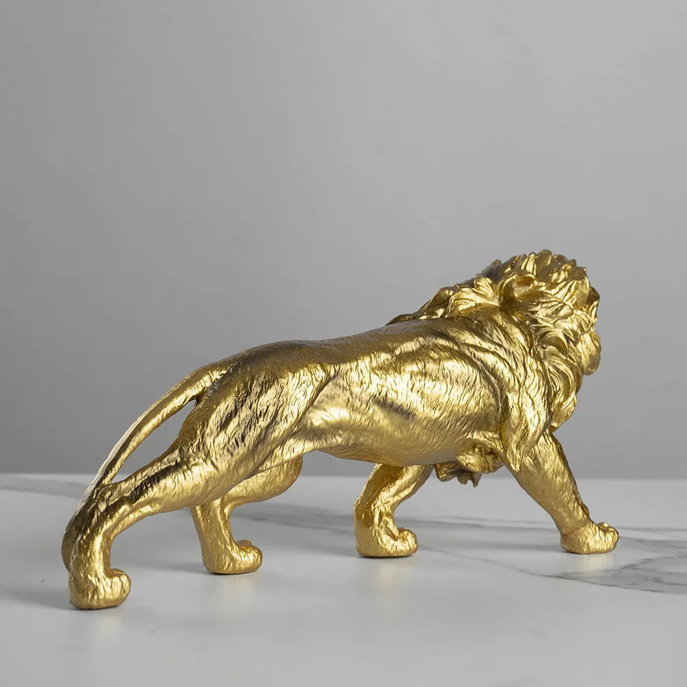 Resin 25cm Lion Statue Gold Animal Sculpture Collectible Office Desk Accessories