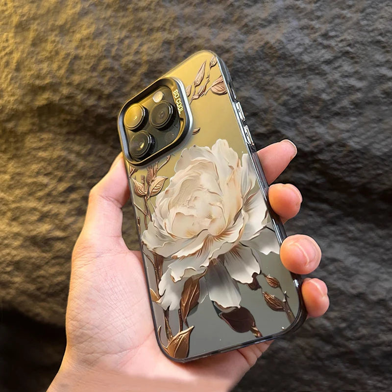 Gold Lotus Silver IMD Case for iPhone 16 15 14 13 12 11 Pro Max