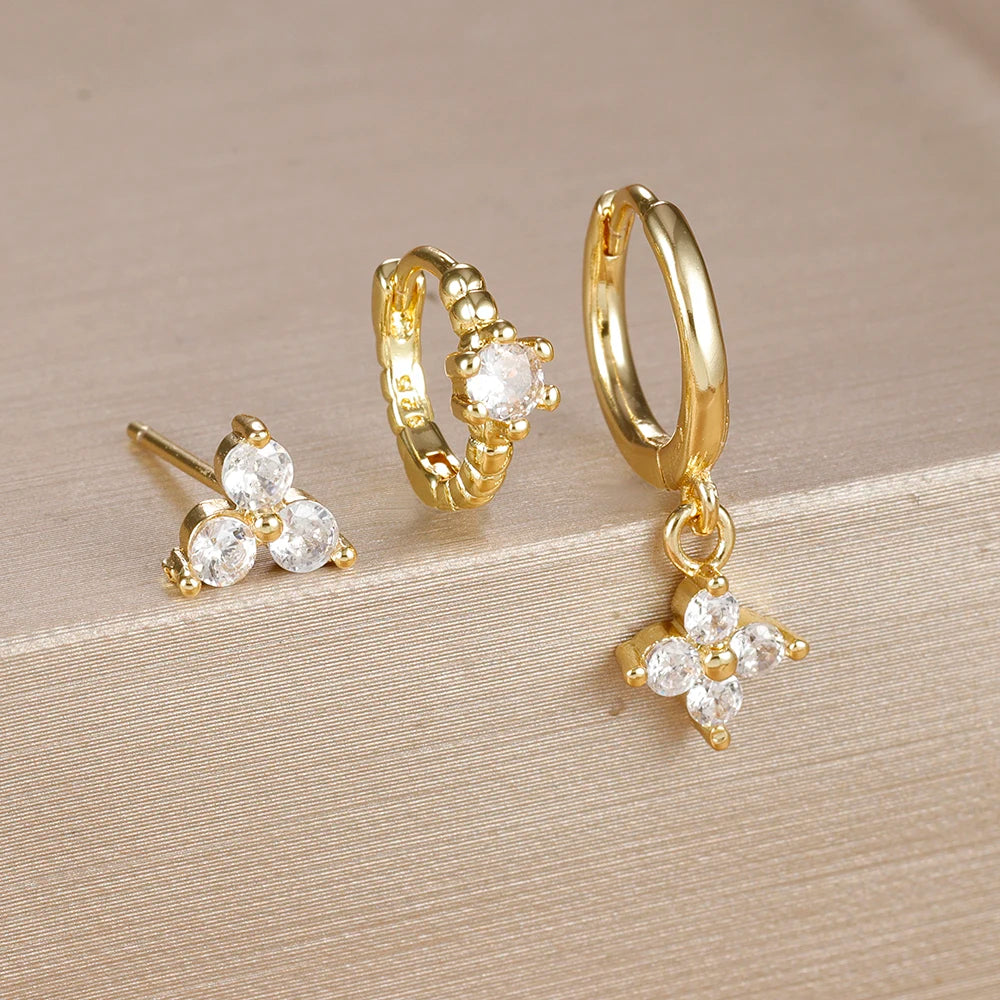 3PCS Gold Plated Chain Zircon Hanging Earrings Stainless Steel Flower