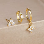 3PCS Gold Plated Chain Zircon Hanging Earrings Stainless Steel Flower