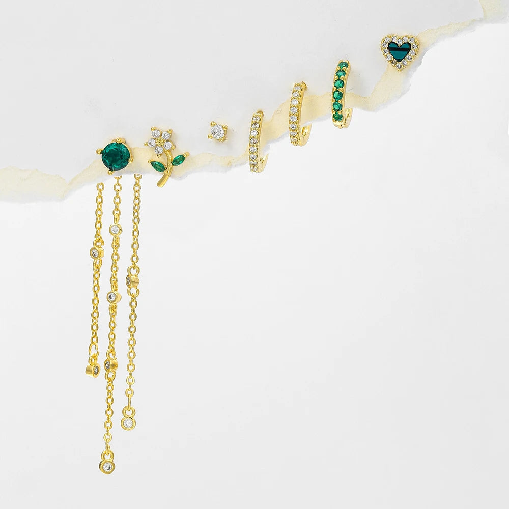 Green Zircon Tassel Chain Stainless Steel Hoop Earrings 18K Gold