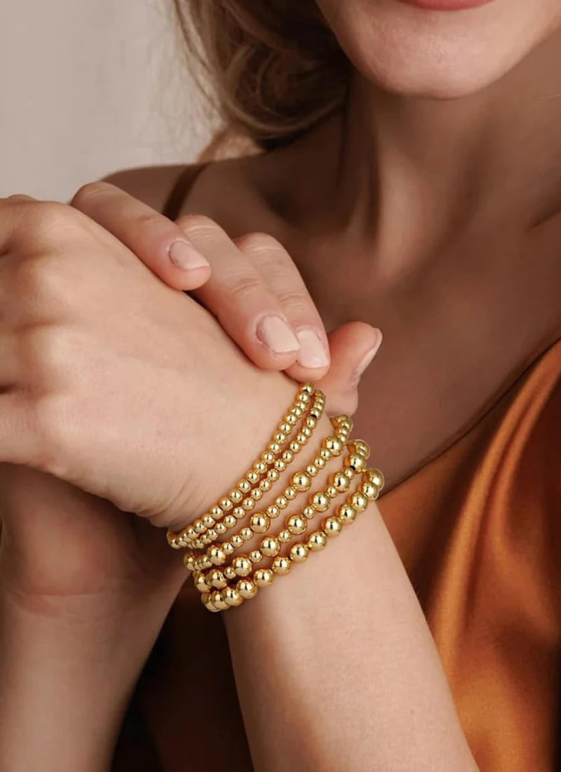 Gold Plated Beaded Braceletfor Women, Stainless Steel Stackable Stretchable Bead Ball Bracelet Hypoallergenic