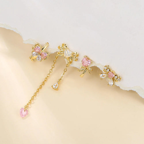 2PCS Pink Zircon Chain Tassel Bowknot Drop Earrings Sweet Pendant