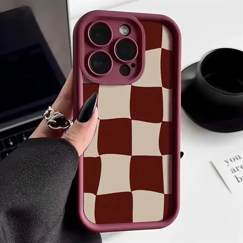 Wine Red Grid Pattern Case for iPhone 17 16 15 14 13 12 11 Pro Max Plus Air