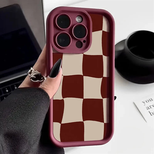 Wine Red Grid Pattern Case for iPhone 17 16 15 14 13 12 11 Pro Max Plus Air