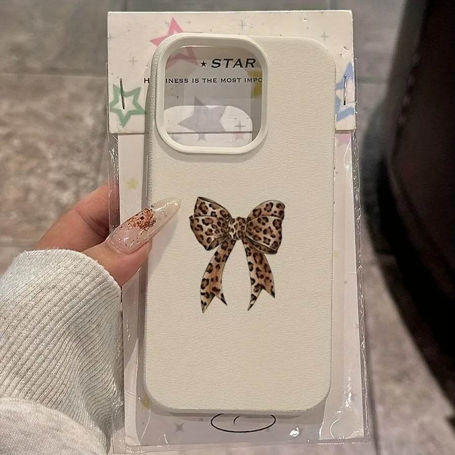 Leopard Print Bow Lychee Case for iPhone 17 16 15 14 Pro Max Plus