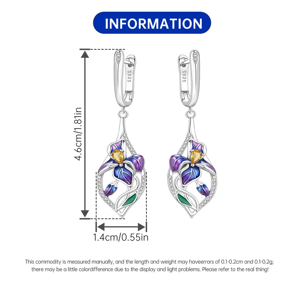 925 Sterling Silver Blue Purple Iris Flower Drop Earrings Trendy Jewellery