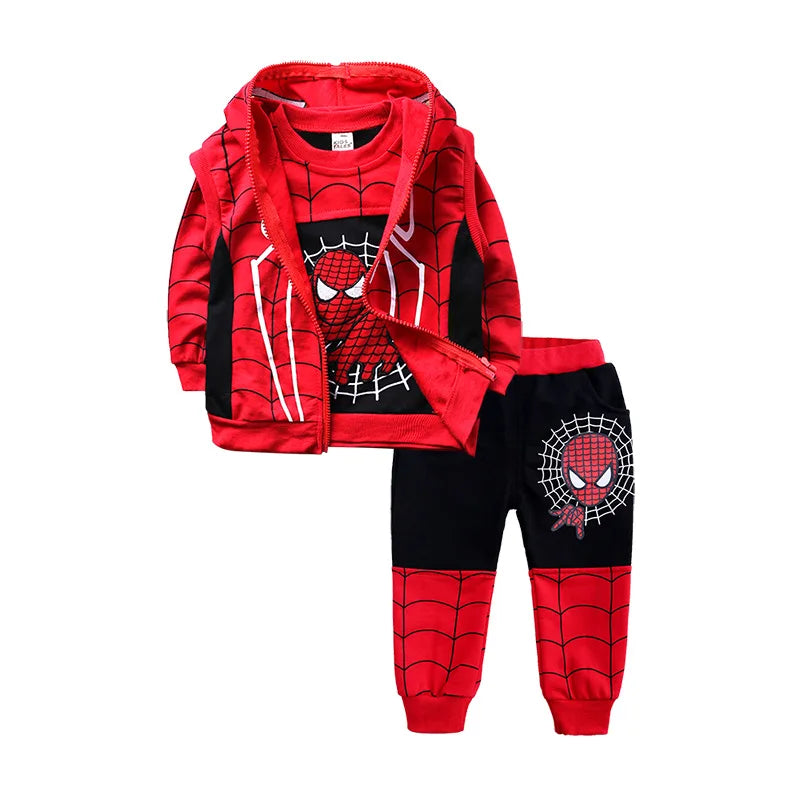 3pcs Spiderman Cosplay Costume Kids Boys Hooded Vest T-Shirt & Pants Tracksuit