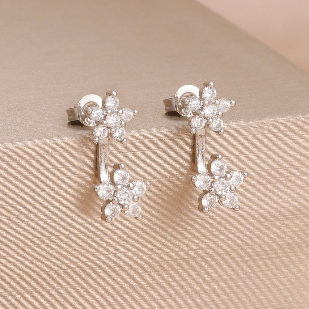 French Design Double Flower Dangle Earrings Stainless Steel Crystal