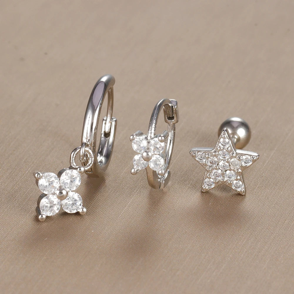 3PCS Vintage Design Four Flower Zircon Hoop Earrings Set Steel