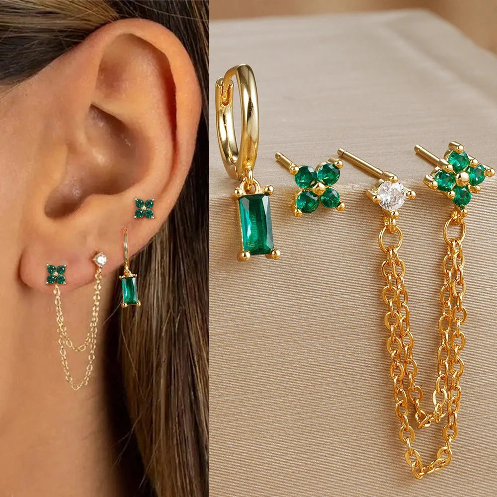 3PCS Fashion Double Ear Hole Chain Crystal Ear Stud Earring Set