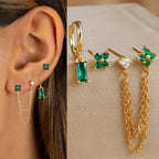 3PCS Fashion Double Ear Hole Chain Crystal Ear Stud Earring Set