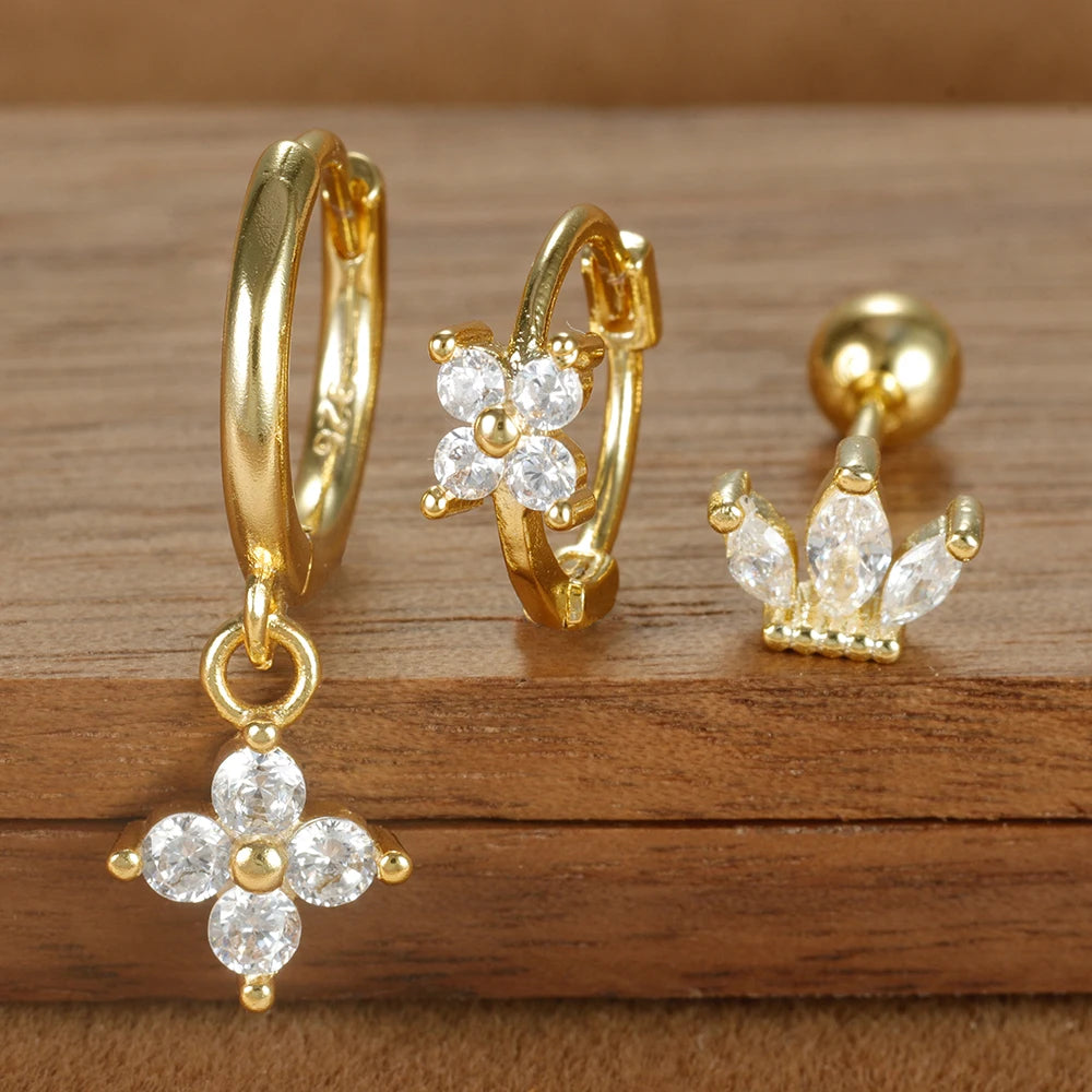 3PCS Four Flower Zircon Little Hoop Earring Star Cartilage Piercing