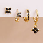 4PCS Black Zircon Flower Hoop Earring Simple Stainless Steel Huggies