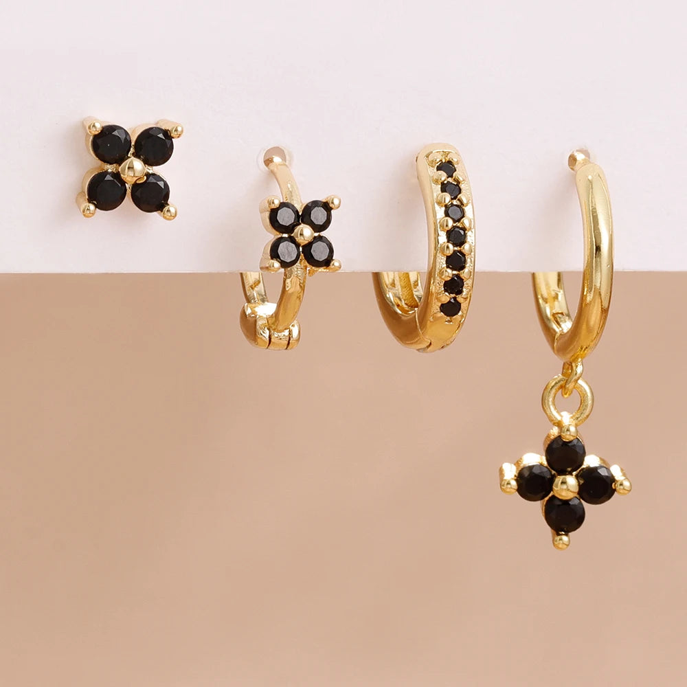 4PCS Black Zircon Flower Hoop Earring Simple Stainless Steel Huggies