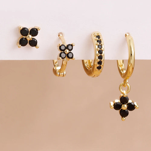 4PCS Black Zircon Flower Hoop Earring Simple Stainless Steel Huggies