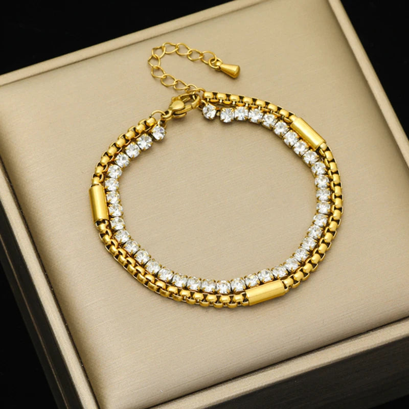 Heart Roman Numeral Zircon Bead Stainless Steel Snake Bone Bracelet