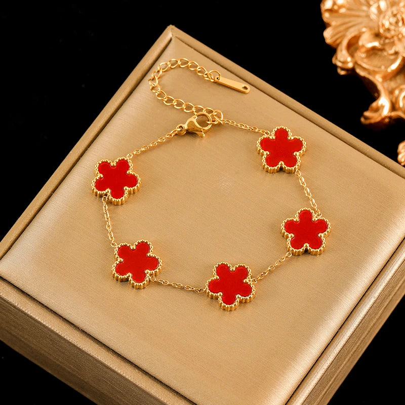 White Flower Stainless Steel Bracelet Five-Leaf Clover Wrist Jewellery