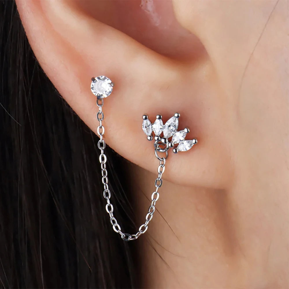 Stainless Steel Zircon Crown Stud Earrings Women 18K Gold Double Studs