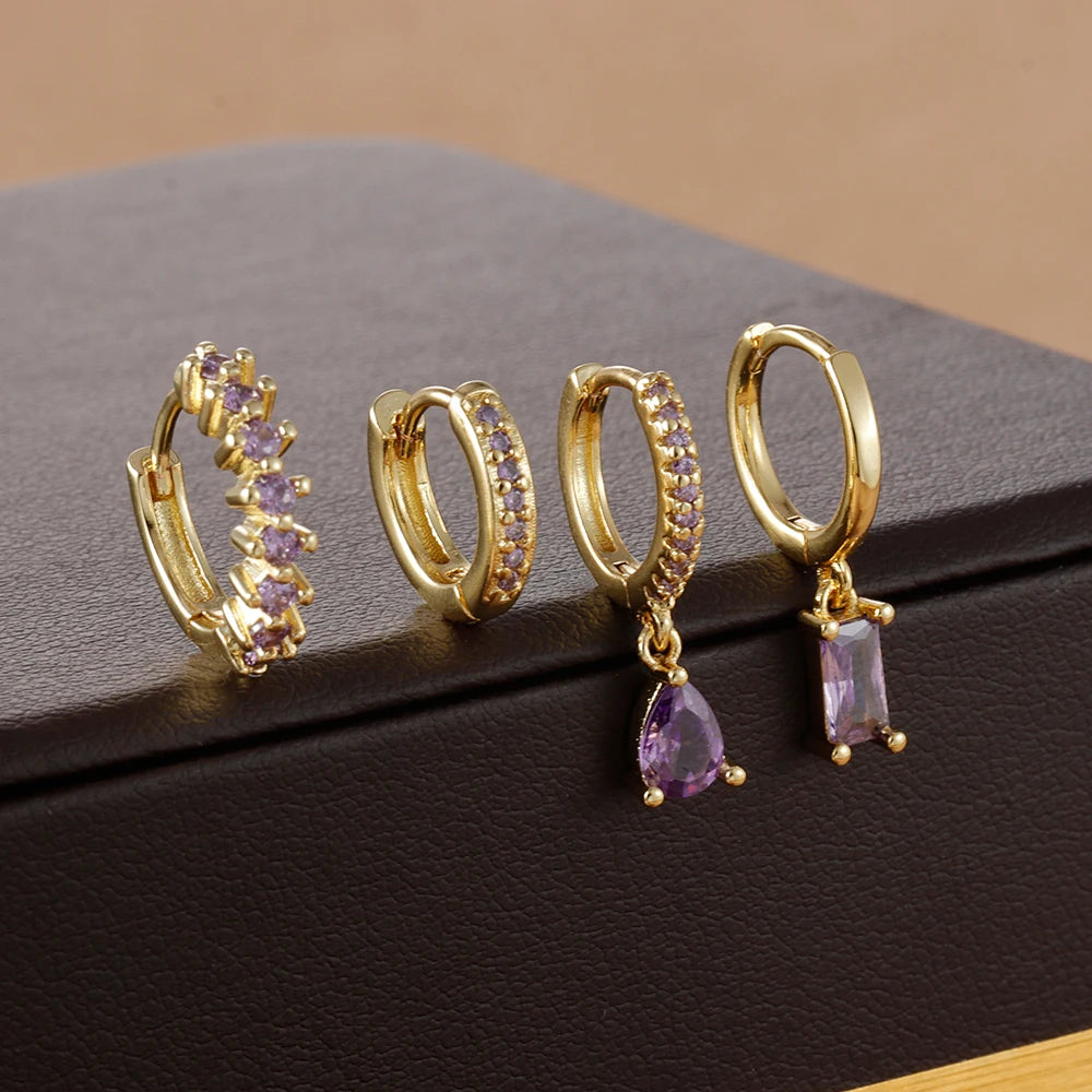 4pcs Korean Stainless Steel Zircon Water Drop Piercing Earrings Set