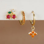 3PCS Stainless Steel Orange Zirconia Flower Pendant Hanging Earrings Set