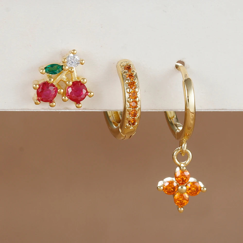 3PCS Stainless Steel Orange Zirconia Flower Pendant Hanging Earrings Set