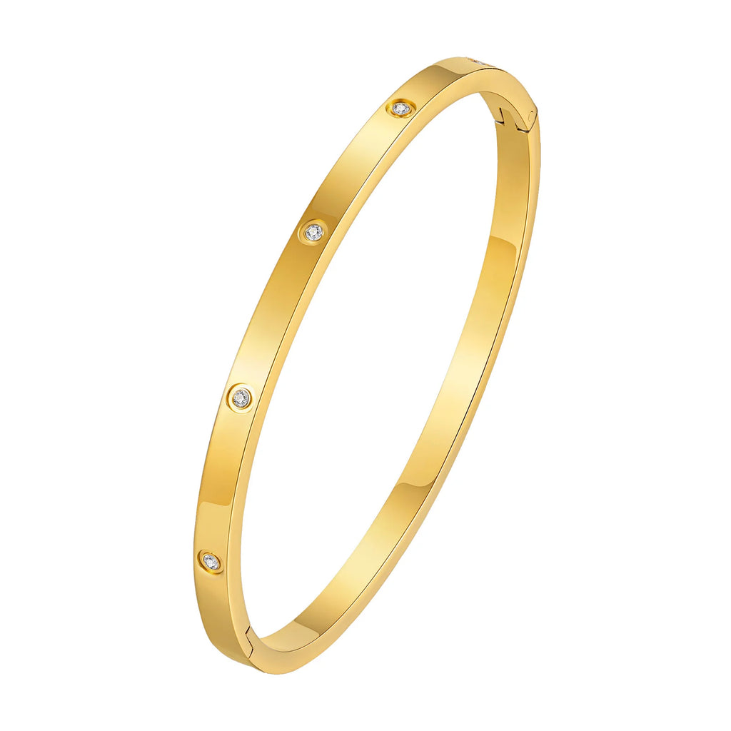 Cubic Zirconia Love Friendship Bracelets,6mm 4mm Women Bangles With CZ Stones, 18K Gold Plated Stainless Steel Jewelry
