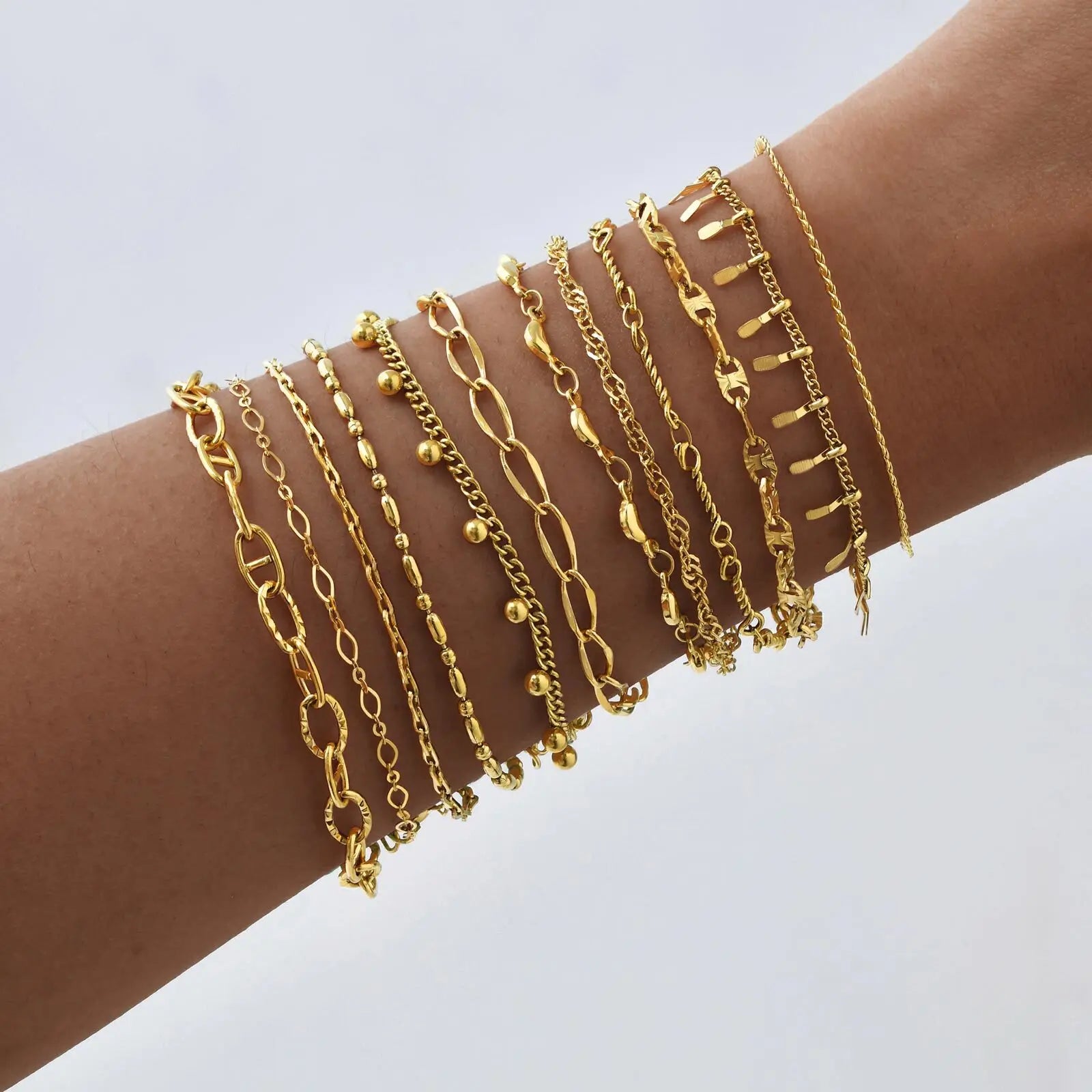 Gold Plated Link Bracelet for Women, Stainless Steel Stackable Chain Wristband, Adjustable Waterproof Jewelry